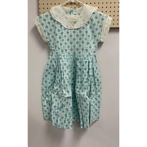 Vintage 1950s HTF Girls Blue Floral Dress Peter Pan Collar‎ Short Sleeve